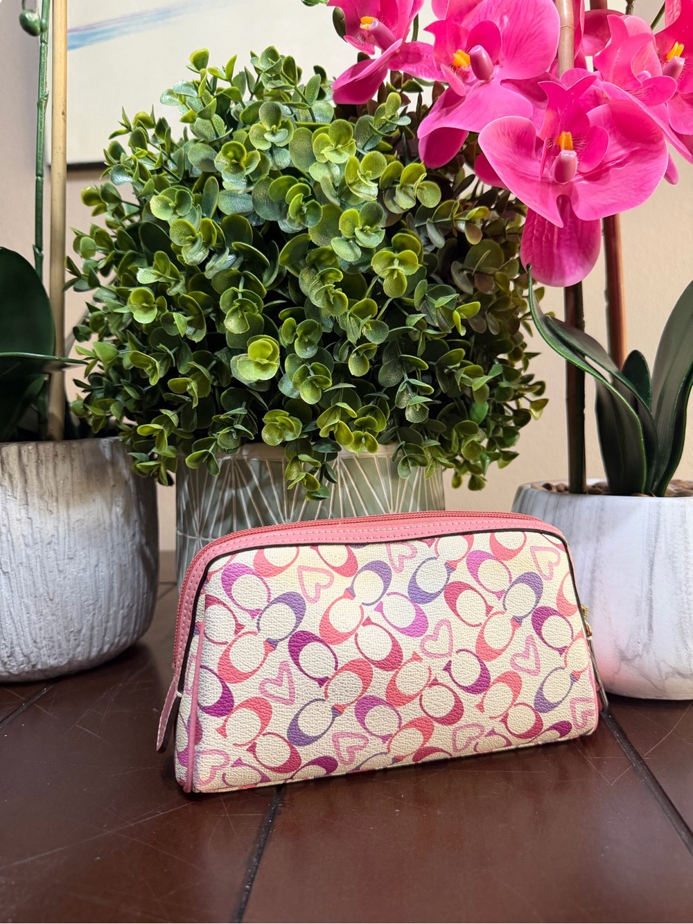 Coach hearts pink purple cosmetic bag